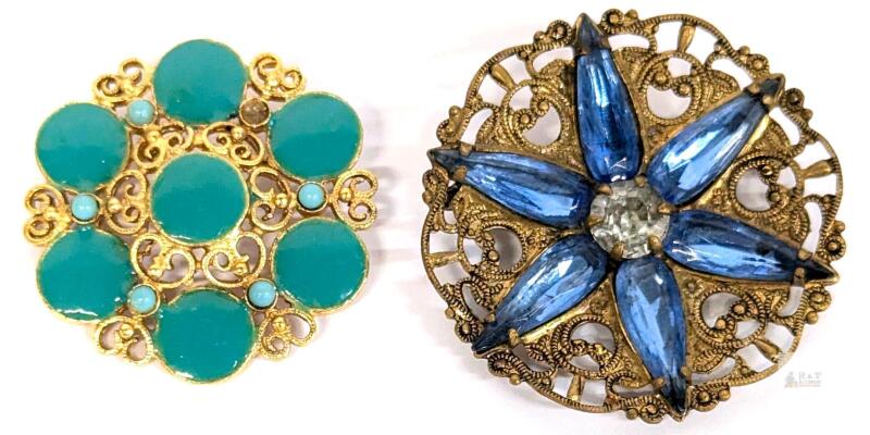 Vintage Costume Brooches Gold Filigree, Blue Rhinestone & Turquoise Cabochon, Floral Pins<br/>Both vintage (large floral Filigree may be antique). No stamps found. 1.25" - 1.6" Across