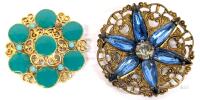 Vintage Costume Brooches Gold Filigree, Blue Rhinestone & Turquoise Cabochon, Floral Pins<br/>Both vintage (large floral Filigree may be antique). No stamps found. 1.25" - 1.6" Across