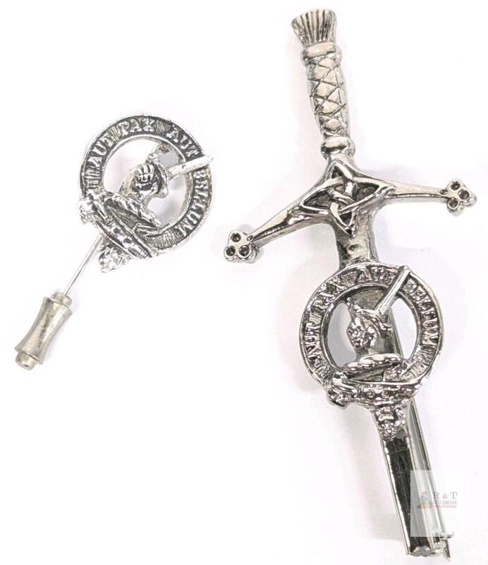 Scottish MacLeod Clan Crest Badge and Dirk Kilt Pin Set, Pax aut Bello, Pewter, Scotland Made<br/>2" - 3" Long