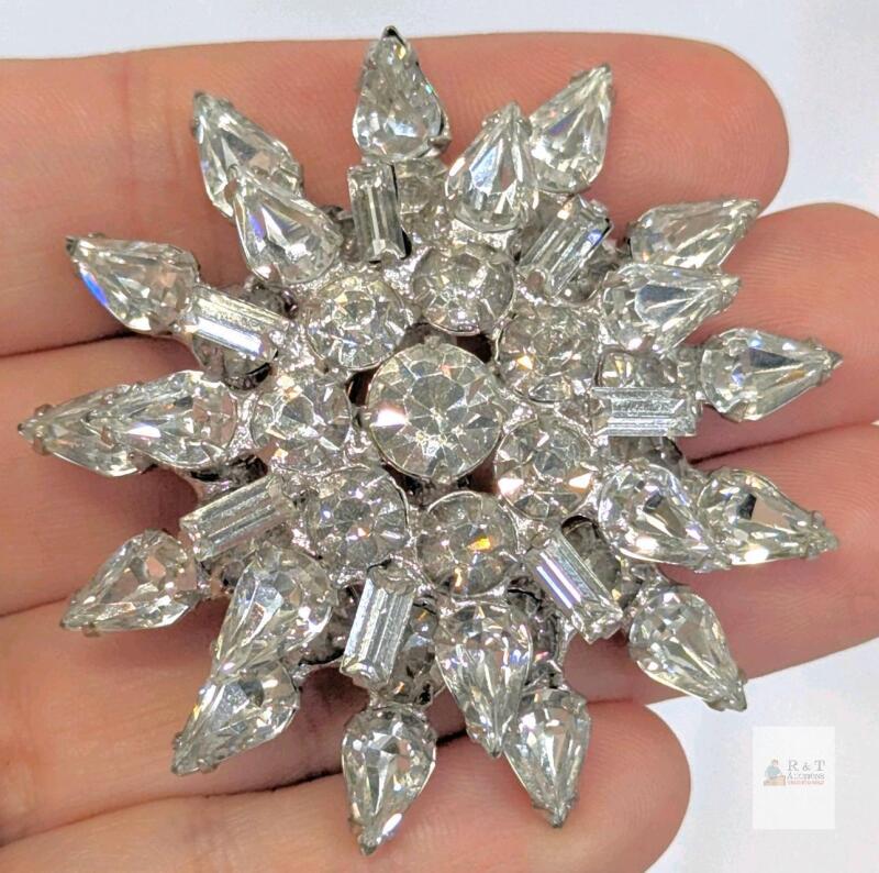 Vintage Starburst Silver-Tone Rhinestone Brooch Pin, 2" Diameter, Safety Clasp, Floral Design <br/> no maker's marks found