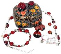Ladybug Love! 18" Necklace, Bracelet, Hoop Earrings, Brooch, Art Glass / Enamel Figures, All in Handpainted Lacquer Trinket Box