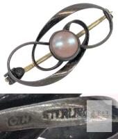 Possibly Antique Signed C. H. STERLING Bezel-Set Iridescent Pink Faux Pearl Brooch, 1.25" Long
