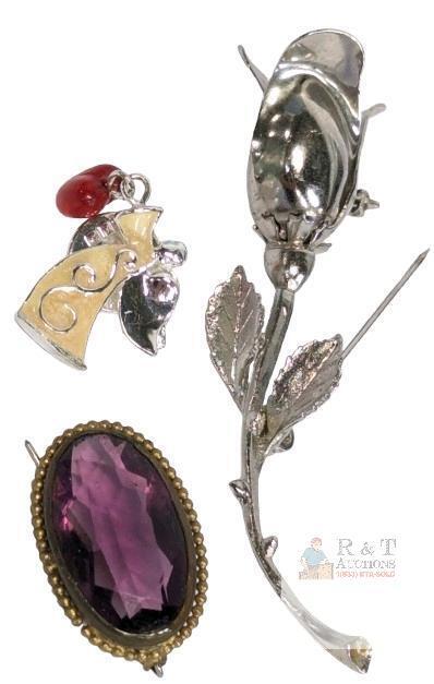 Vintage Faux Amethyst Brooch, Midcentury Stem Rose Brooch 3.25" Long & Enamel Guardian Angel Pin