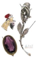 Vintage Faux Amethyst Brooch, Midcentury Stem Rose Brooch 3.25" Long & Enamel Guardian Angel Pin