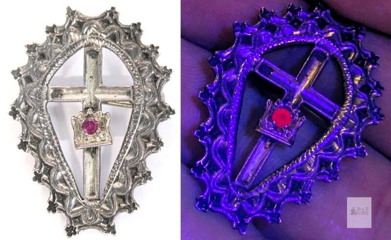 York Rite Knights Templar Cross & Crown Silver-Tone Brooch with Red Stone, 1.25" Fraternal Pin<br/>Vintage, likely sterling silver with real RUBY in crown (glows under black light). 1.25" no stamps found