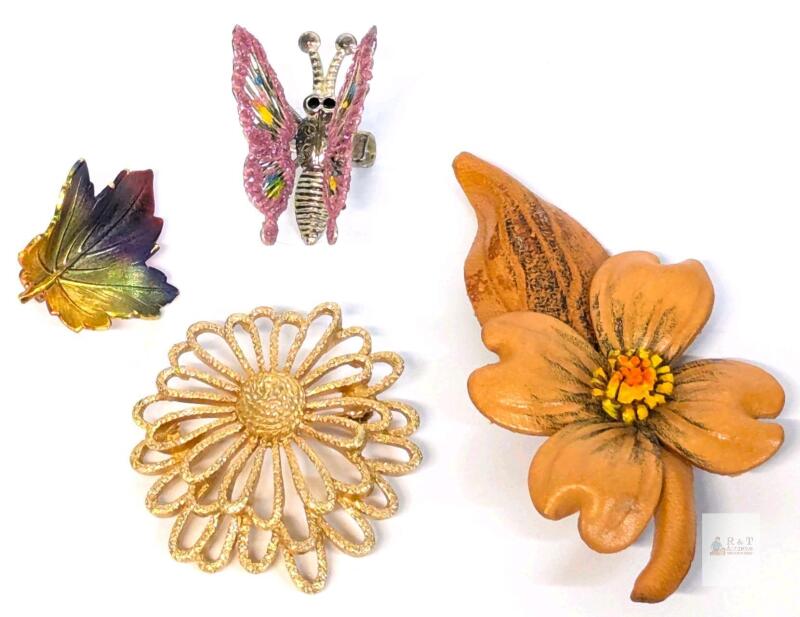 4 Vintage Brooches: Signed SARAH COVENTRY Textured Flower Brooch, Leather Flower & Leaf, Maple Leaf, Butterfly, Up To 3.08" Long