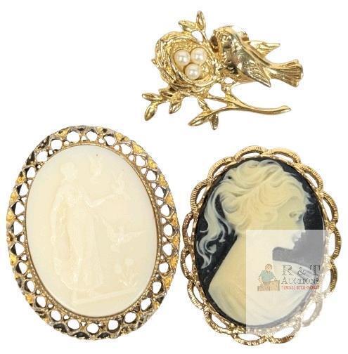 Vintage Helen Of Troy Cameo, Classic Black White Resin Cameo Brooch + Classic Bird on Faux Pearl Nest Pinback Lapel Pin - Up To 2" Long
