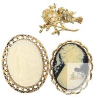 Vintage Helen Of Troy Cameo, Classic Black White Resin Cameo Brooch + Classic Bird on Faux Pearl Nest Pinback Lapel Pin - Up To 2" Long