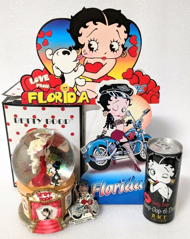 Vintage BETTY BOOP Musical Snow Globe, Biker Betty Boop Fridge Magnet, 2 Florida Postcards & "Boop-A-Doop" Juice (sealed).