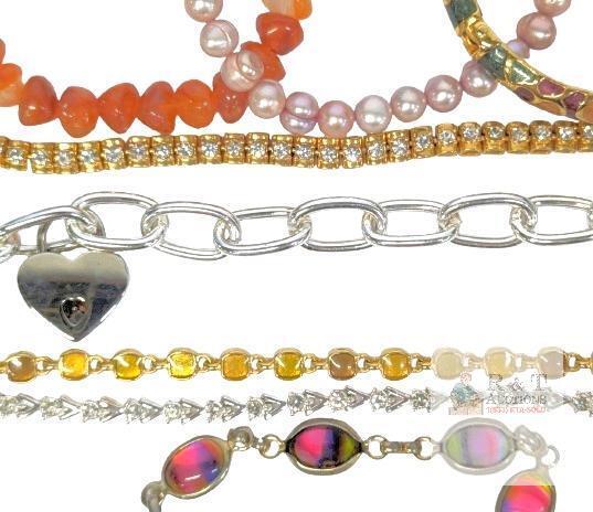 Vintage to Modern Bracelets Including Signed SARAH COVENTRY Colorful Glass Cabochon Link Bracelet with Safety Chain, 7" Long
