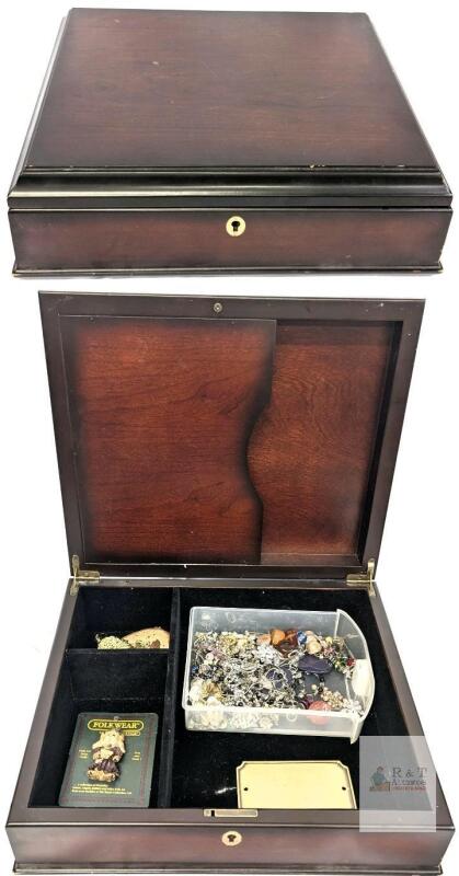 Vintage 1999 BOMBAY Locking Storage/Jewelry Box With 2 Keys (Loose Back Hinge) + Assorted Jewelry For Crafting & Repair, Box: 14.5" &times; 12.5" &times; 4.6" Tall