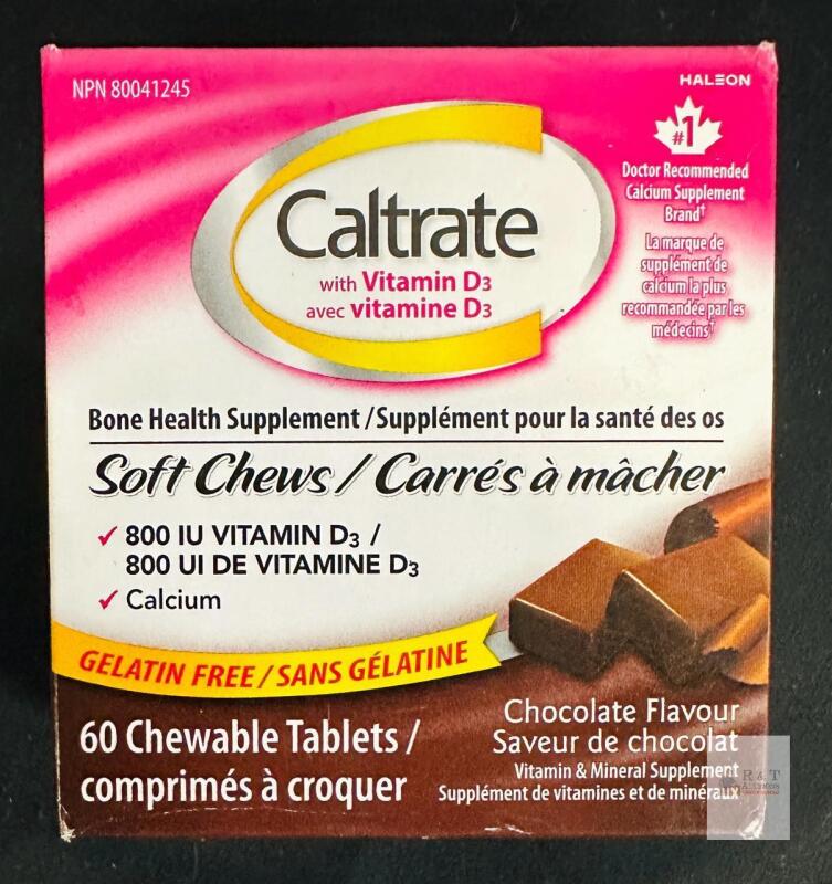 Caltrate Soft Chews Chocolate 60 Tablets, Calcium 600mg & Vitamin D3 800IU, Exp 08/2027,