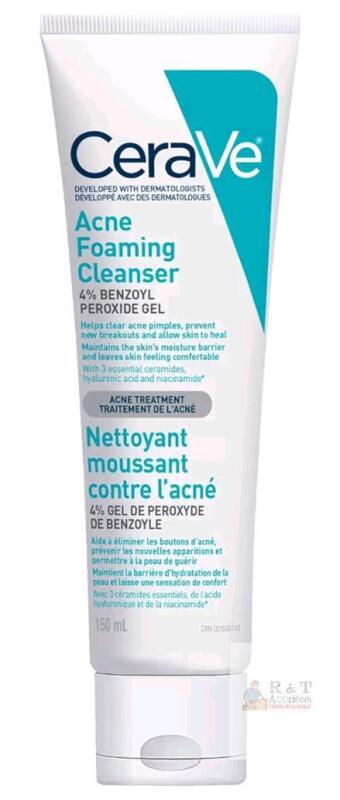 New - CeraVe 4% Benzoyl Peroxide Acne Treatment Foaming Cleanser Face & Body Wash, with Hyaluronic Acid and Niacinamide. Helps Clear Acne Pimples and prevent breakouts. Gentle Gel, Fragrance-Free, 150ML , EXP 2026 / 12
