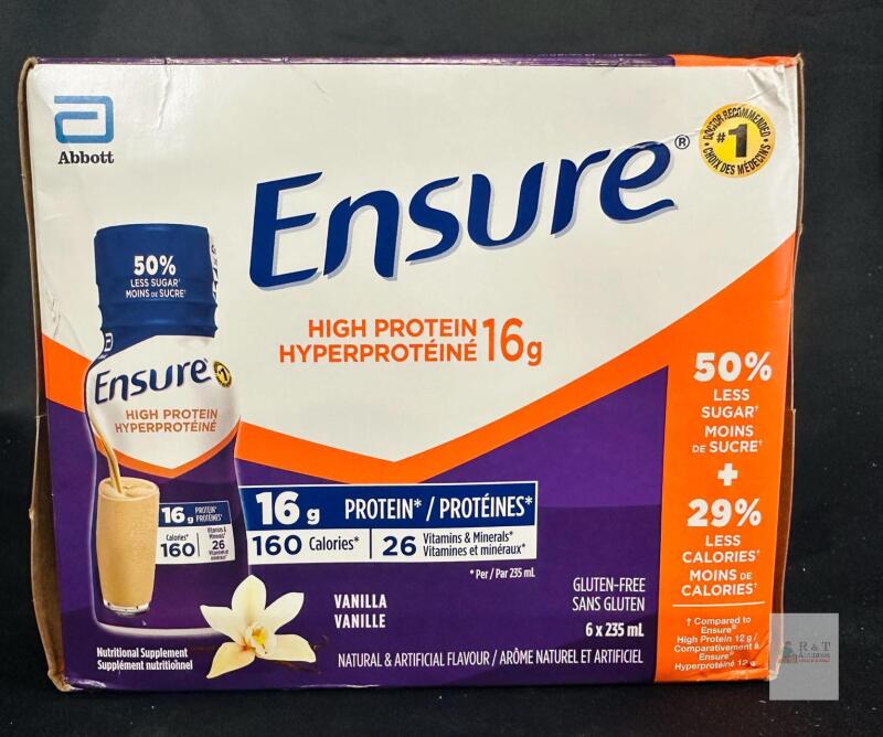 Ensure High Protein Vanilla 16g, 6 x 235mL, 160 Cal, 50% Less Sugar, Gluten-Free, EXP june 2026