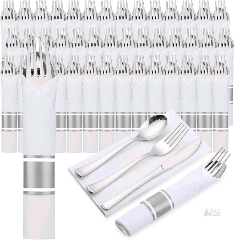 New 60pcs Meinv Rolled Silverware Set with Napkins, Spoons, Forks, Knives - Premium Disposable Heavy Duty Plastic Utensils for Wedding Party Dinner