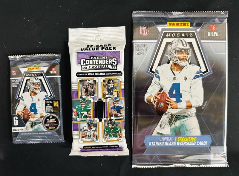 2025 Panini Mosaic NFL 6-Card Pack, Oversized Stained Glass Pack & 2022 Contenders 22-Card Value