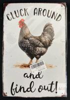 "Cluck Around and Find Out!" Chicken Tin Sign, 8x12 inches, Metal Wall Decor