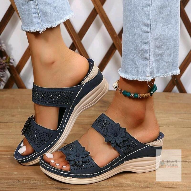 New Size 41 (8.5) Women's Sandals Summer Flowers Slip On Casual Open Toe Wedges Soft Bottom Breathable Slippers Platform Slides Fashion