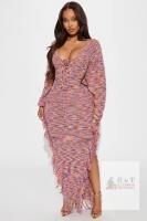 New Medium :Fashion Nova Kiss Remarkable Sweater Maxi Dress, Multicolor, Med, Deep V Lace Up, Fringe Hem