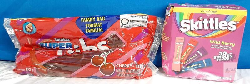 Twizzlers Super Nibs Cherry 21.97oz Family Bag & Skittles Wild Berry Zero Sugar Drink Mix 30ct
