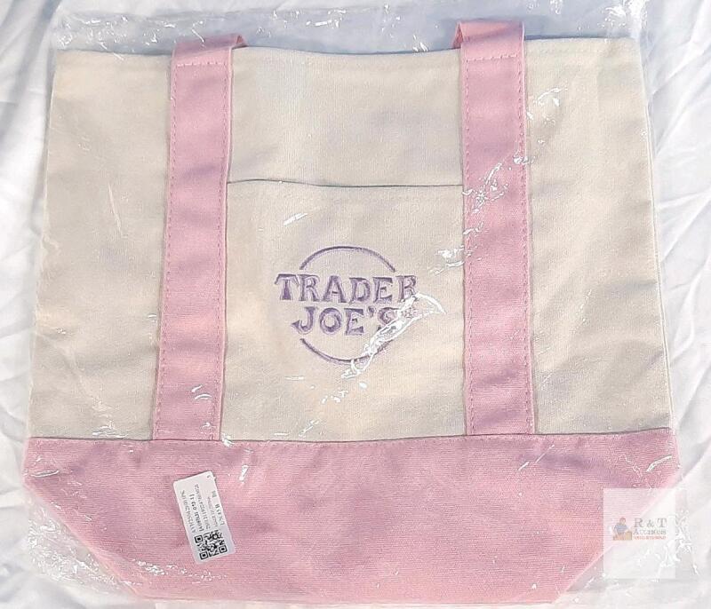 Trader Joe's Mini Pastel Canvas Tote Bag &ndash; Pink & Cream, 13"x6"x11", 65% Cotton/35% Polyester