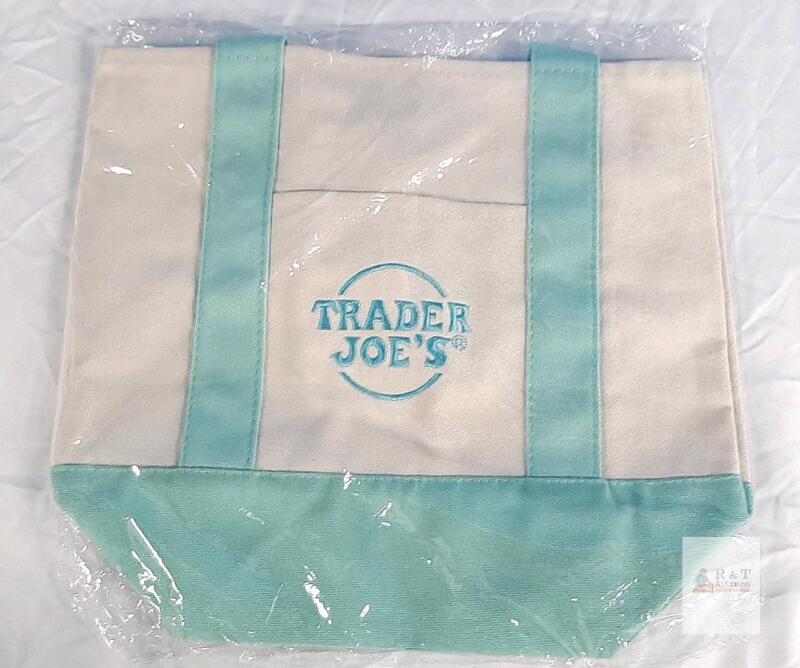 Trader Joe&rsquo;s Canvas Tote Bag, Aqua Trim, Large 20"x16", Front Pocket, Dual Straps