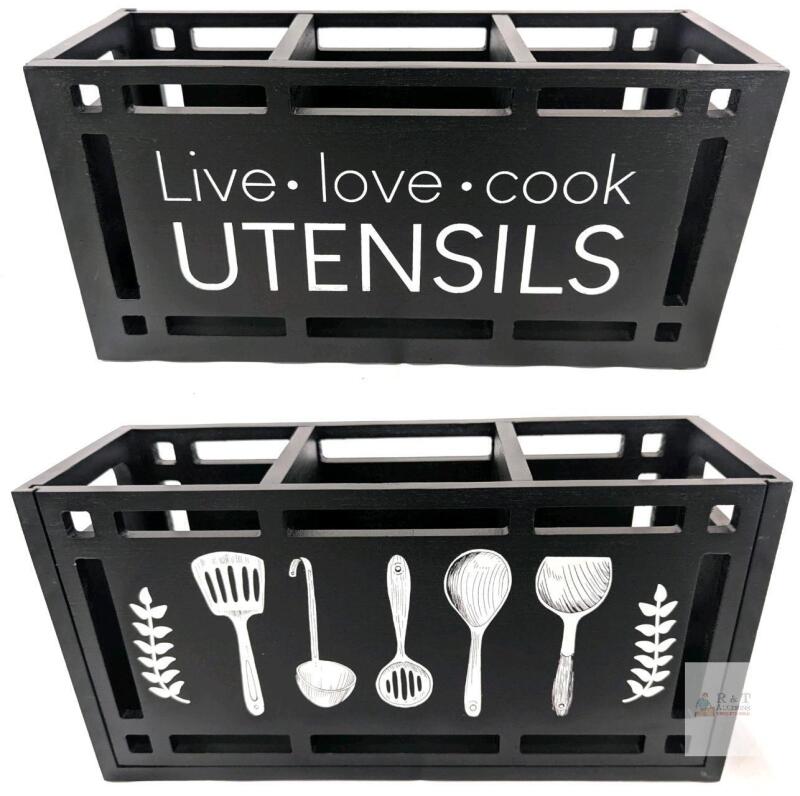 New Large 3 Compartments Solid Real Wood Utensil Caddy Organizer KR100109, Rectangular Cooking Tools Storage for Countertop, Designs on Front & Back, Black