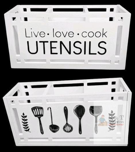 New Large 3 Compartments Solid Real Wood Utensil Caddy Organizer KR100110, Rectangular Cooking Tools Storage for Countertop, Designs on Front & Back, White
