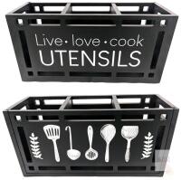 New Large 3 Compartments Solid Real Wood Utensil Caddy Organizer KR100109, Rectangular Cooking Tools Storage for Countertop, Designs on Front & Back, Black