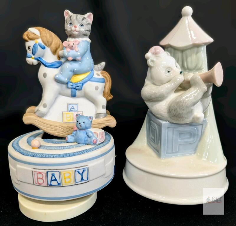 2 Vintage Porcelain Music Boxes: m Kitty Cucumber Ceramic Music Box, Baby Kitty on a Rocking Horse With On/Off Switch & 1986 Arnar Circus Panda, Up To 7.5", No Chips or Cracks, Both Play Well