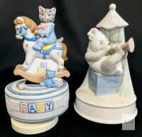 2 Vintage Porcelain Music Boxes: m Kitty Cucumber Ceramic Music Box, Baby Kitty on a Rocking Horse With On/Off Switch & 1986 Arnar Circus Panda, Up To 7.5", No Chips or Cracks, Both Play Well
