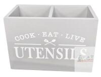 New Large Grey Kitchen Utensil Holder KR100019For Countertop, Farmhouse Solid Wood Utensil Caddy with Removable Bottom, Large 2 Compartments Cooking Utensil Silverware Organizer for Kitchen Counter
