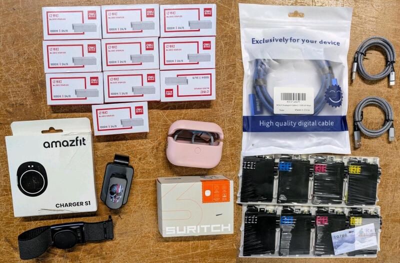 New Bulk Electronic & Office: 10,000 No 0012 Staples, Amazfit S1 Charger & Band Base (Tested For Power), Sunglasses Clip, Suritch Airpod Case, 6.6ft Display Port Cable, 2&times; Ink Cartridges For 212XL Series Printers, 2&times; USB-A to USB-C Charging Cables