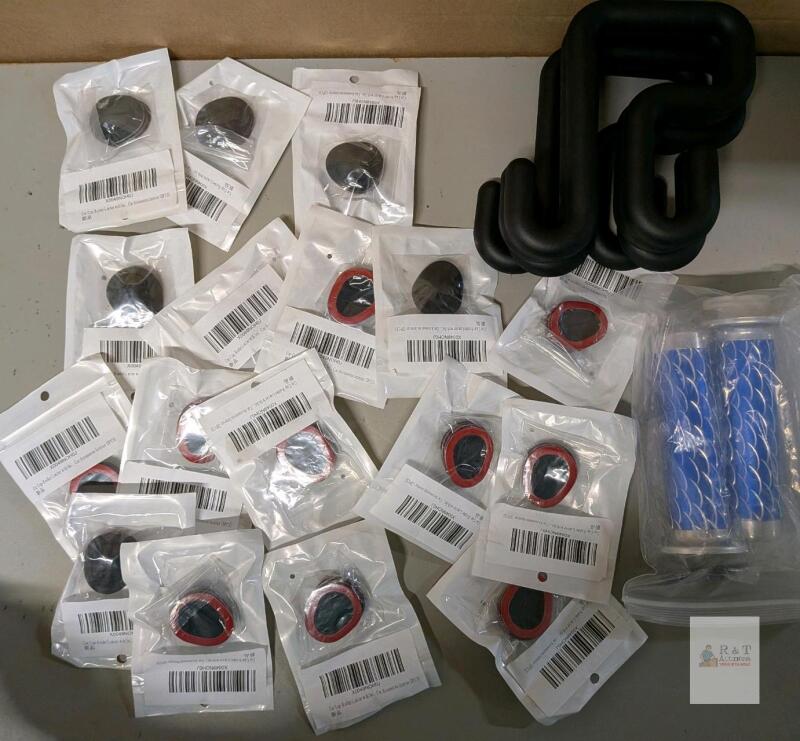 Automotive and Bicycle Accessories Lot: Car Headrest Hooks, Pair Blue Bicycle Pegs, Car Cup Holder Limiters, New