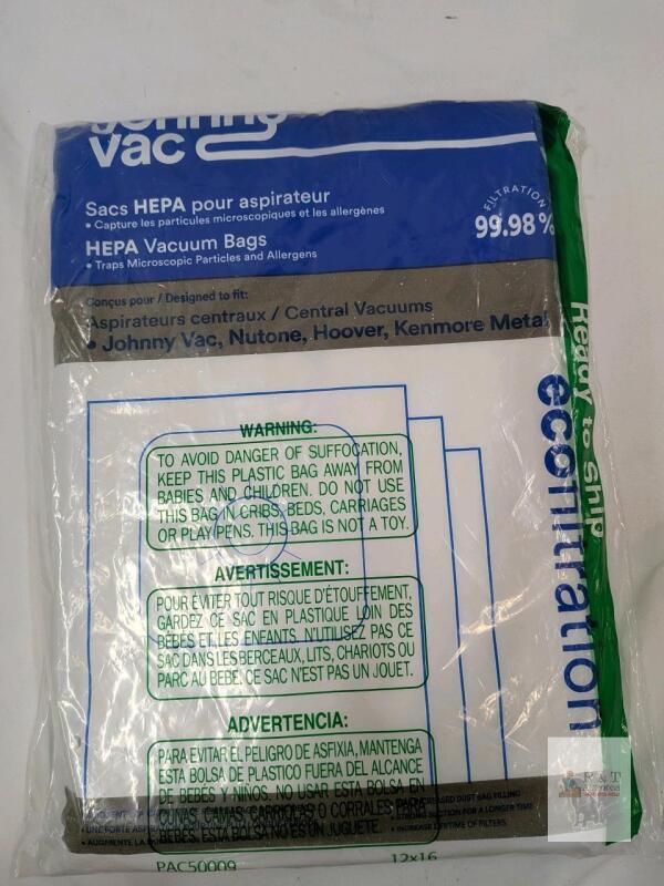 Johnny Vac 440H HEPA Microfilter Bags for Central Vacuums, 3-Pack, 99.98% Filtration Efficiency