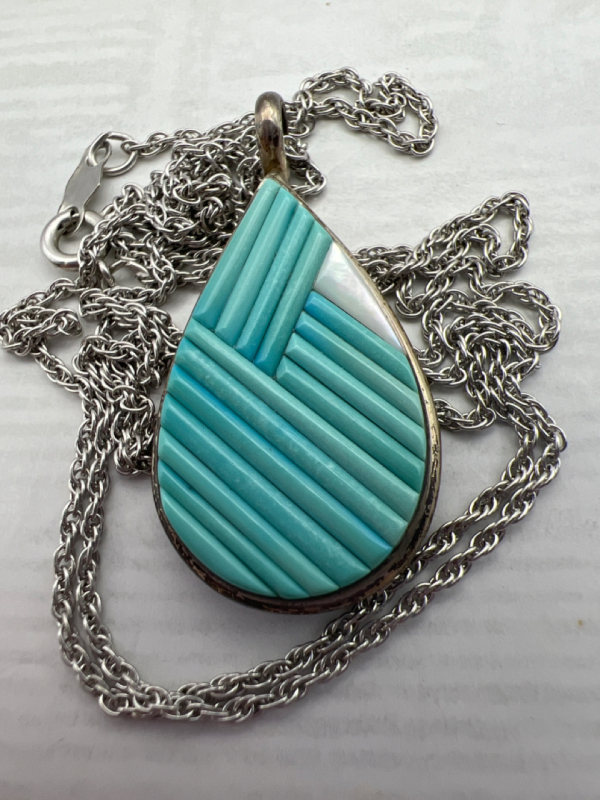 Zuni Teardrop Pendant signed Sterling chain