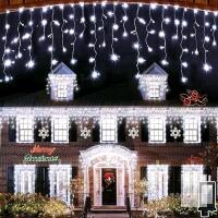 New 141FT COOL WHITE 1332 LED Icicle Lights Outdoor, Faceted Diamond Lens Curtain Lights with Timer & 12 Modes, Dimmable, 360 Drops String Lights for House Eave Party Wedding Decorations, Cool White