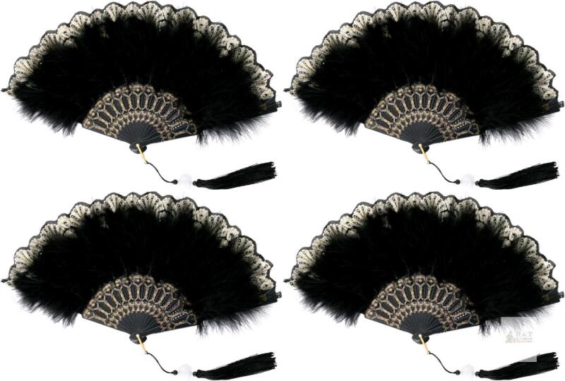 4 New Foldable Feather Fan Embroidered Flower Handheld Chinese Folding Fans 1920s Feather Fan Flapper Hand Fan for Costume Party Wedding Dancing Decoration (Black)