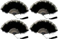 4 New Foldable Feather Fan Embroidered Flower Handheld Chinese Folding Fans 1920s Feather Fan Flapper Hand Fan for Costume Party Wedding Dancing Decoration (Black)