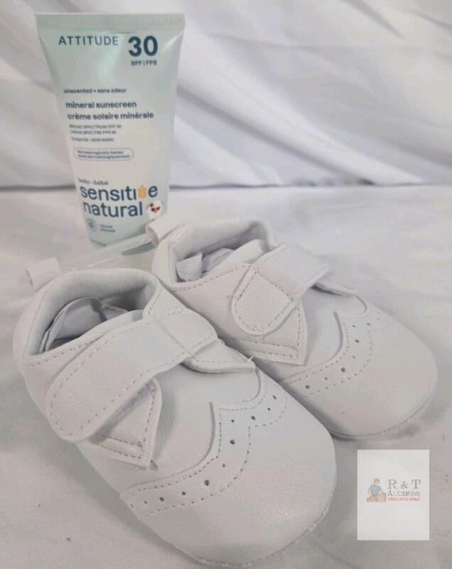 New Mineral Sunscreen exp Oct 2028 and New Infant White Dress Shoes, Size 3, Velcro Strap, Non-Slip Sole