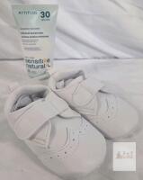New Mineral Sunscreen exp Oct 2028 and New Infant White Dress Shoes, Size 3, Velcro Strap, Non-Slip Sole