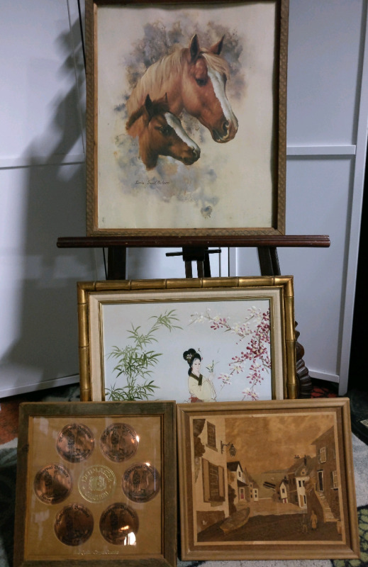 4 Wood Framed Wall Art Pieces - Horse is 17.5"x21"