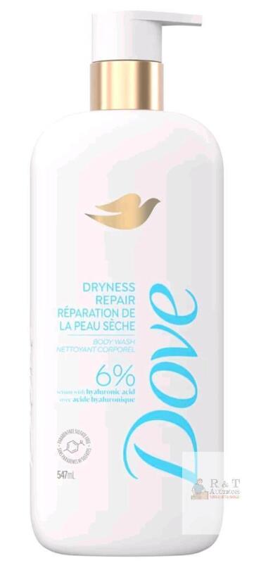 New - Dove Body Wash, Actively drenches dry skin Dryness Repair 6% hydration serum with hyaluronic acid, 547 ml bottle