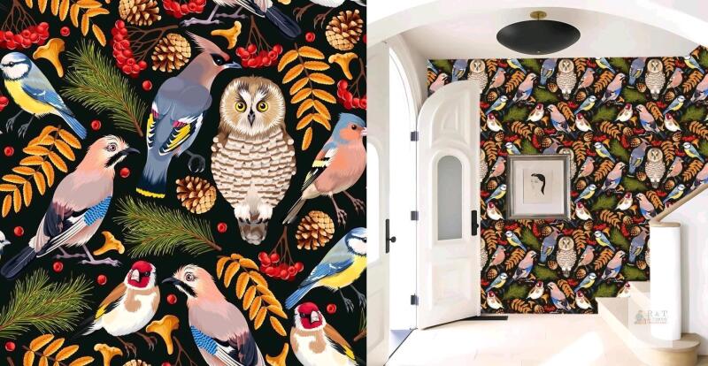 New Striking Bird Botanical Wallpaper Floral Peel and Stick Wallpaper Modern Boho Wallpaper Bathroom Bedroom Kitchen Self Adhesive Wallpaper Dark Waterproof Accent Wall Vintage Black Contact Paper 17.3&rdquo;&times;118&rdquo;