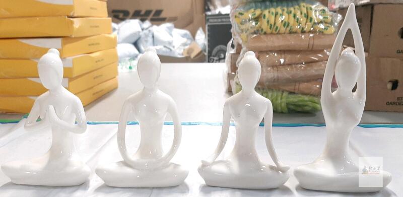Set of 4 White Ceramic Yoga Pose Figurines, 4.25" Tall, Minimalist Modern Decor, Glossy Finish