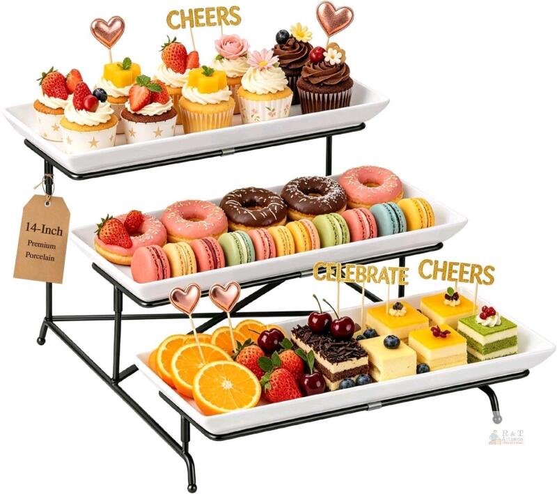 New Yedio 3 Tier Serving Tray Set 14 Inch Porcelain Tiered Serving Trays Platters, Collapsible Sturdier Stand with Stable Cross Bars, Three Layer Serving for Party Entertaining Food Display Fruit Dessert