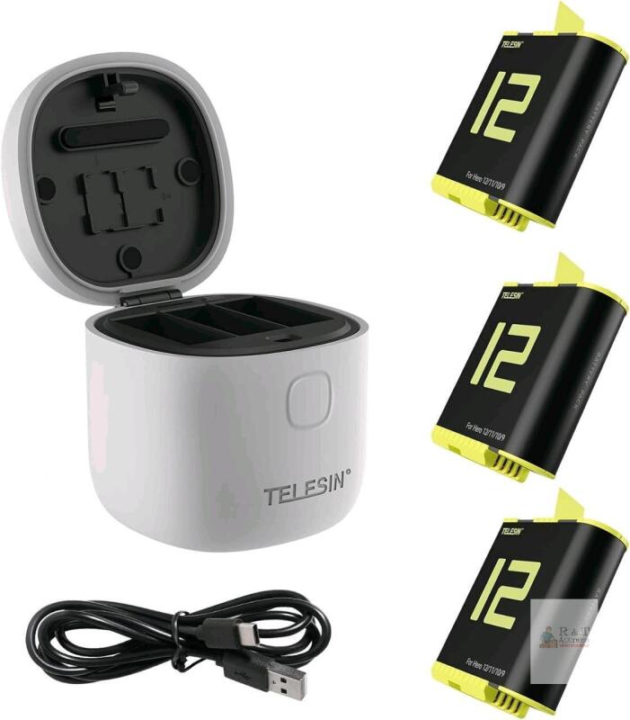 New TELESIN 3-Pack Allin Box Charger Battery for GoPro Hero 12 Hero 11 Hero 10 Hero 9 Black, Waterproof Portable Storage Charging Case Support SD Card Reading for Go Pro 12 11 10 9 Camera Accessories