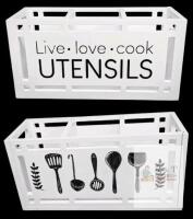 New Large 3 Compartments Solid Real Wood Utensil Caddy Organizer KR100110, Rectangular Cooking Tools Storage for Countertop, Designs on Front & Back, White