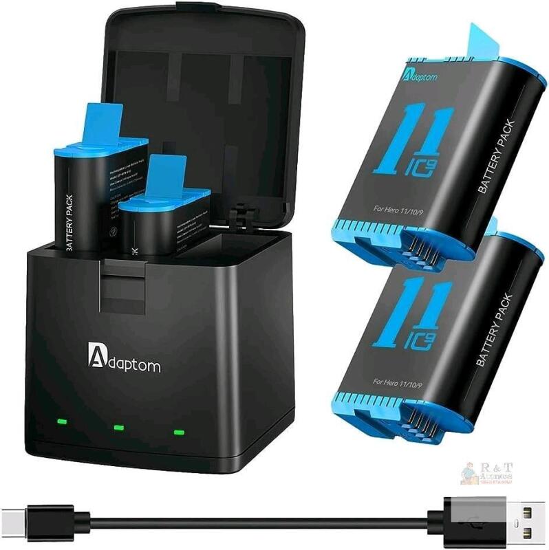 New Adaptom 2-Pack Battery with Charger for GoPro Hero 12 Hero 11 Hero 10 Hero 9 Black, High Temperature Resistance Triple Storage Charging Box with Quick Charge for Go Pro Hero 12/11/10/9 Accessory