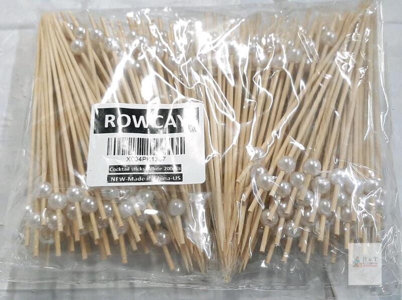 ROWCAY Cocktail Sticks &ndash; 200pcs, 4" Bamboo, White Pearl Top, Food Safe Skewer Picks, New/Sealed